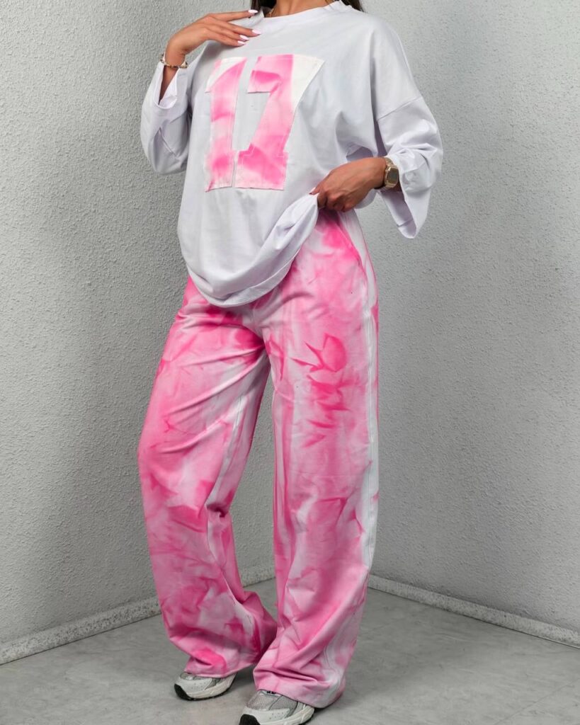 ست تی‌شرت و شلوار آبرنگی 17 صورتی روشن