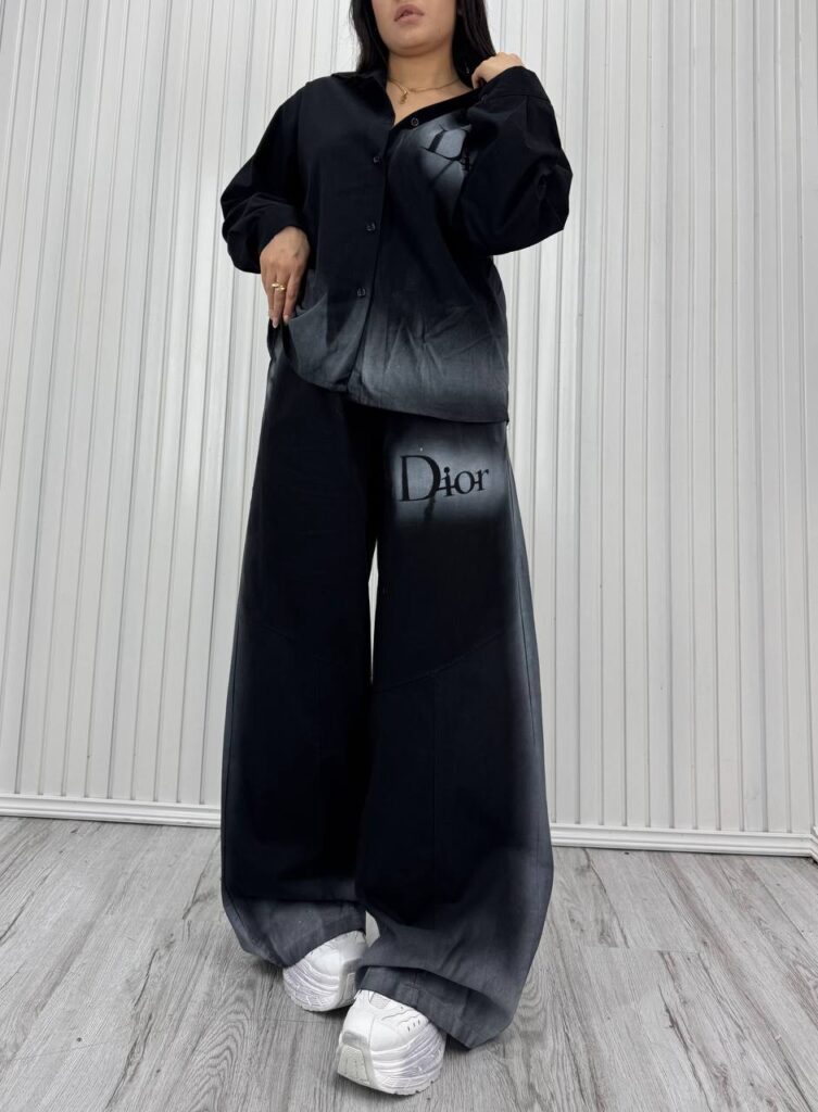 ست شومیز و شلوار آبرنگی dior مشکی طوسی