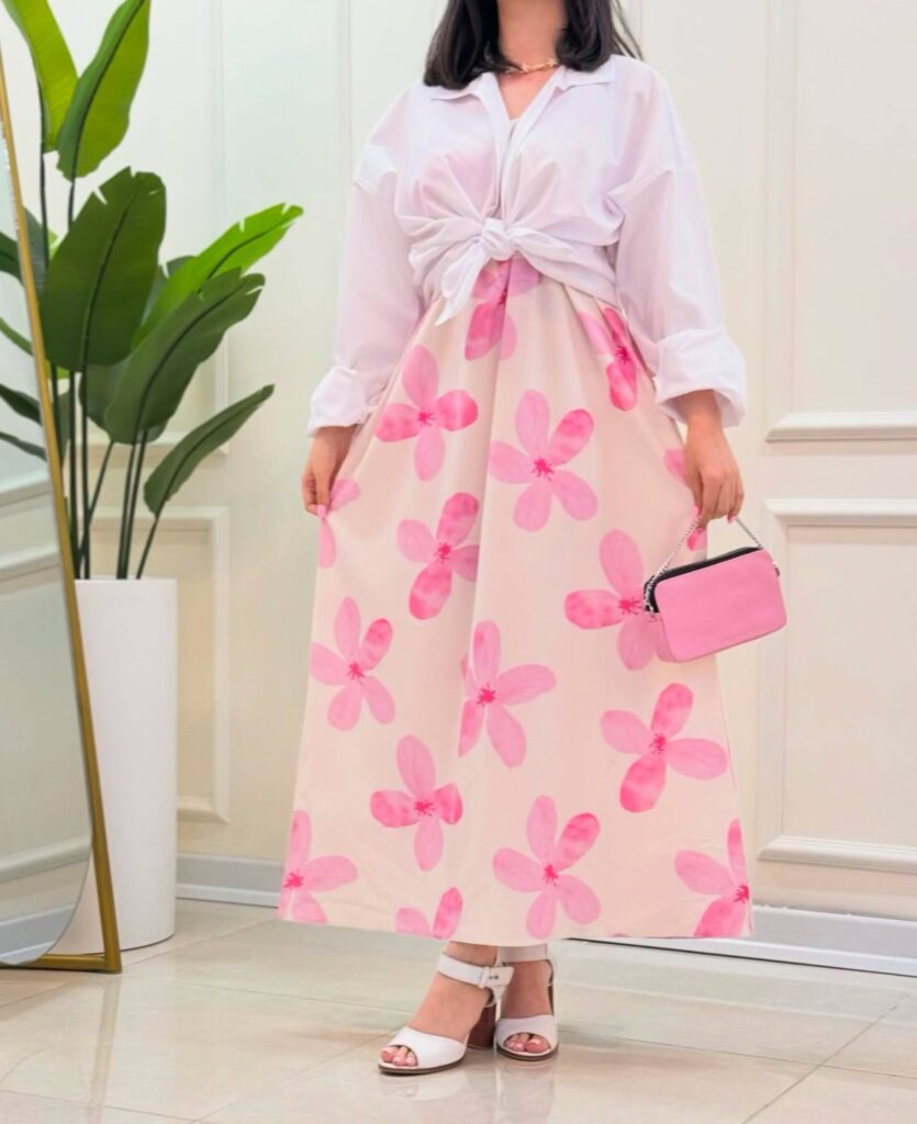 ست شومیز و پیراهن بندی گل گل صورتی