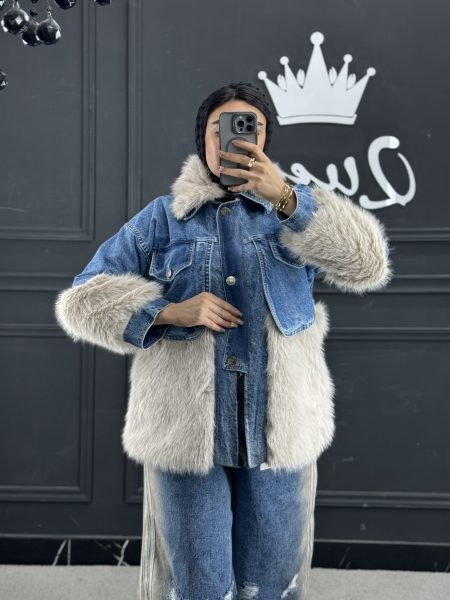 پالتو جین خز ترکیبی سرمه ای