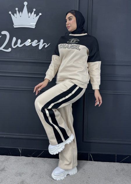 ست هودی و شلوار بگ چنل کرم