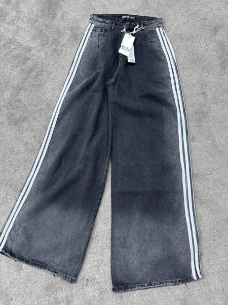 شلوار سوپر بگ 3 خط ذغالی نوار سفید