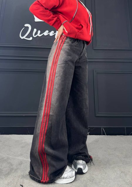 شلوار سوپر بگ 3 خط ذغالی نوار قرمز