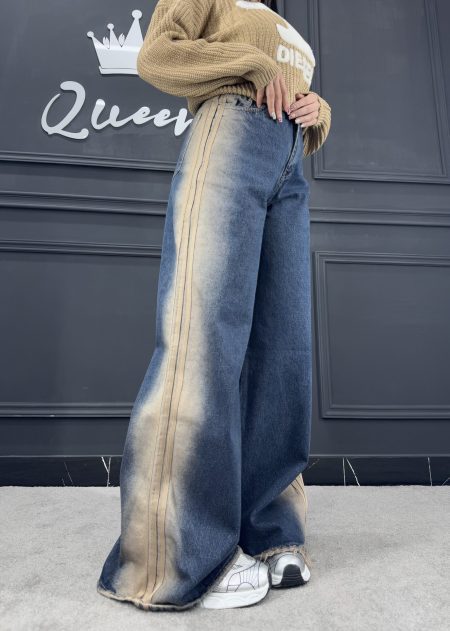 شلوار سوپر بگ 3 خط سرمه‌ای نوار کرم