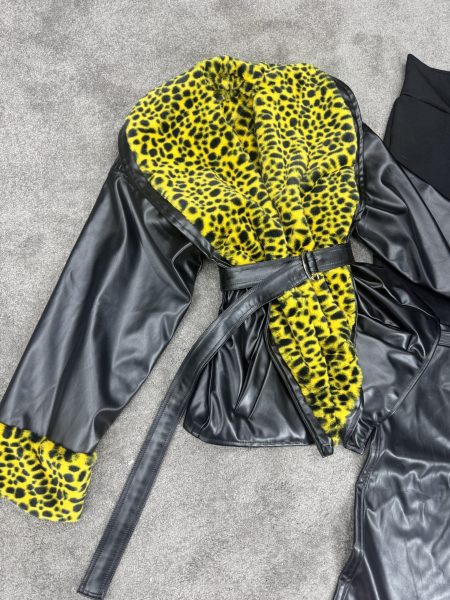 کت تدی چرم دو رو پلنگی مشکی زرد