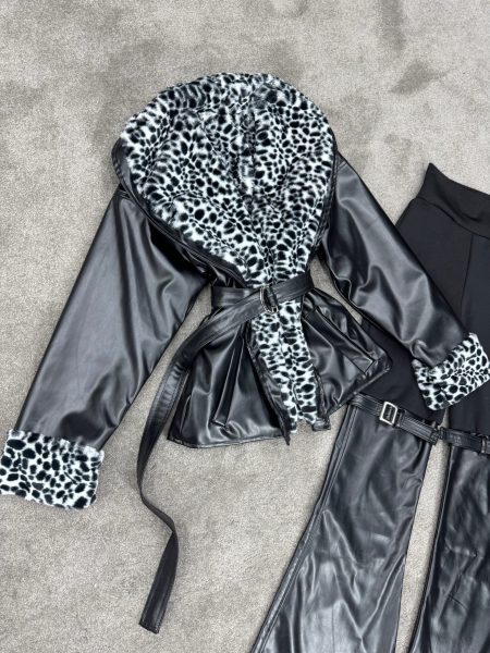 کت تدی چرم دو رو پلنگی مشکی سفید