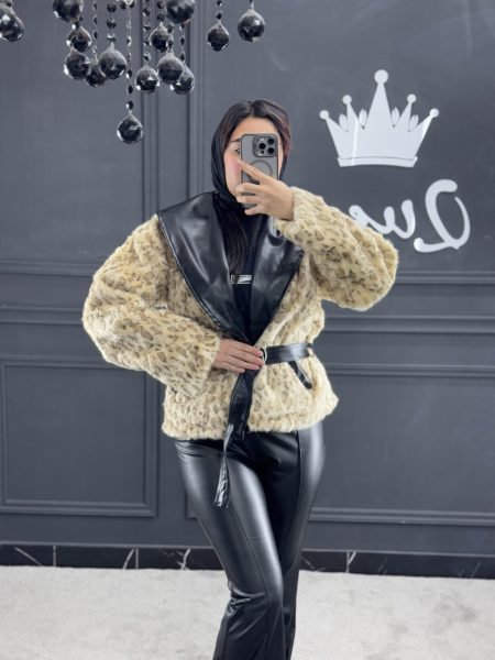 کت تدی چرم دو رو پلنگی کرم قهوه‌ای