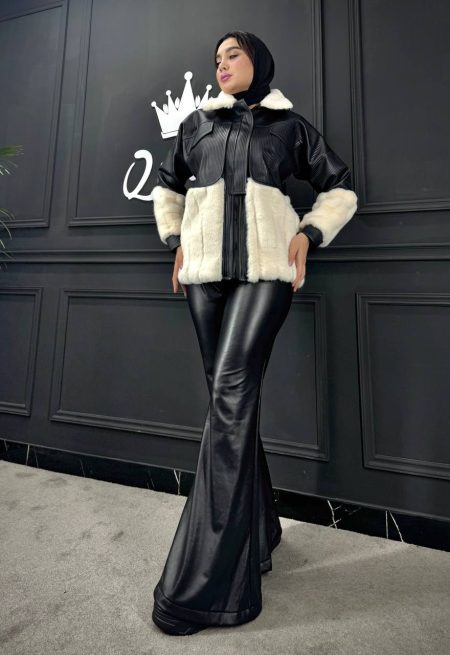 کت چرم میله ای تدی دار سفید