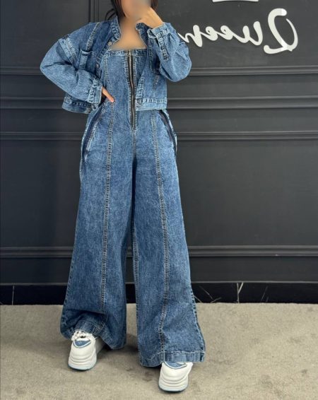 ست کت دکلته جین آبی