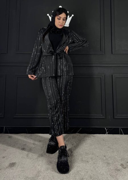 ست کت شلوار ساتن نگین راه راه