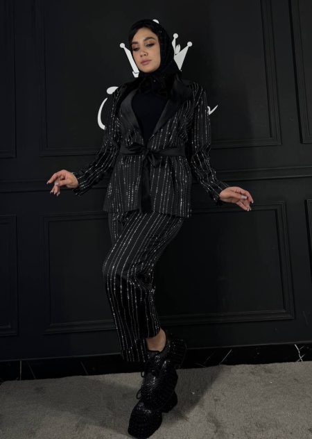 ست کت شلوار ساتن نگین راه راه مشکی