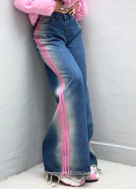 شلوار سوپر بگ تینتی سه خط سرمه‌ای نوار صورتی