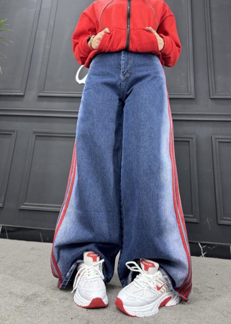 شلوار سوپر بگ تینتی سه خط سرمه‌ای نوار قرمز (2)