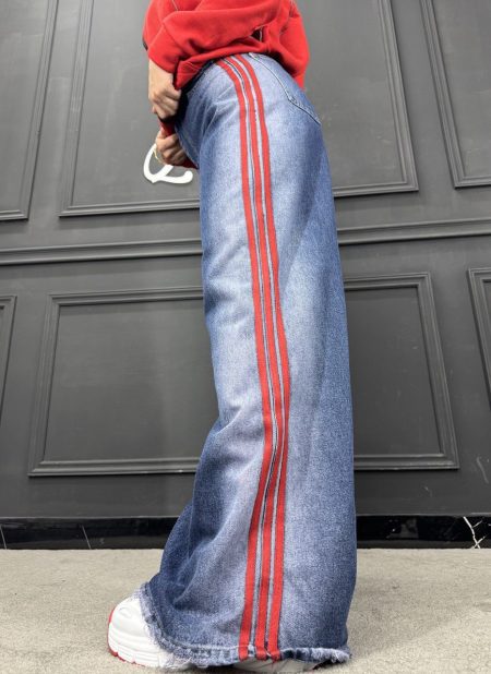 شلوار سوپر بگ تینتی سه خط سرمه‌ای نوار قرمز
