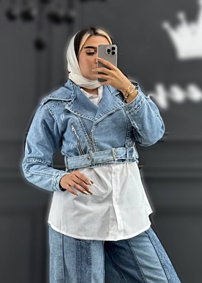 کت زیپ کمربندی آبی