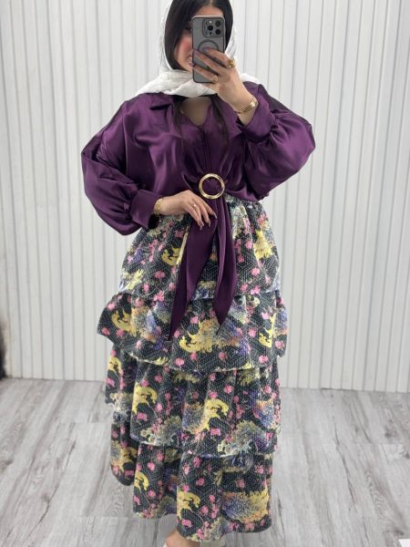 دامن چین عروسکی سرمه‌ای زرد