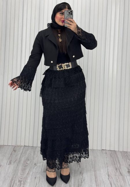 ست کت دامن گیپور طبقه ای گل مشکی (2)