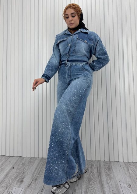 ست کت شلوار فول نگین جین آبی (2)