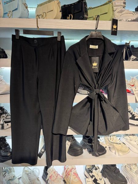 ست کت شلوار قد 80 نگینی کرپ نگین مشکی