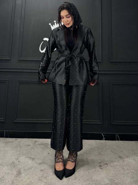 ست کت شلوار قد 80 نگینی ساتن نگین نقره‌ای