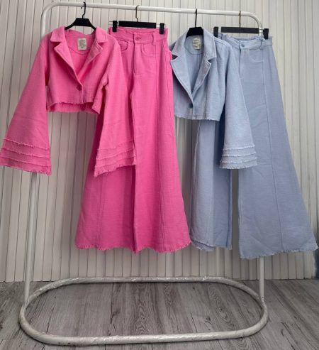 ست کت شلوار کتان آستین کلاش صورتی