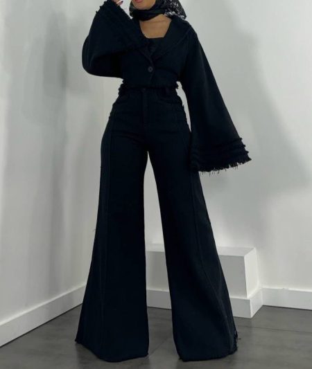 ست کت شلوار کتان آستین کلاش مشکی