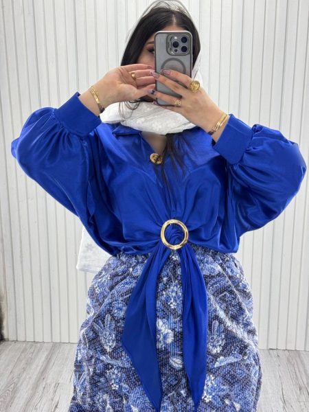 شومیز ساتن پایین حلقه آبی کاربنی