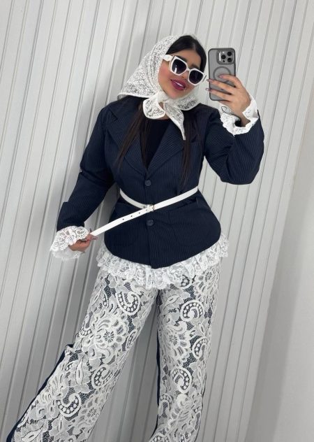 مانتو کتی پایین دانتل راه راه سرمه‌ای