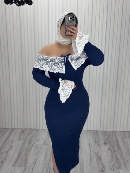 ماکسی فانریپ یقه دکلته مچ گیپور سرمه‌ای (2)