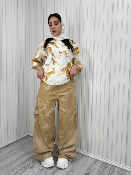 تیشرت شلوار بگ آبرنگی کرم