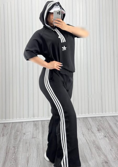 ست تیشرت شلوار بگ کلاهدار Adidas مشکی