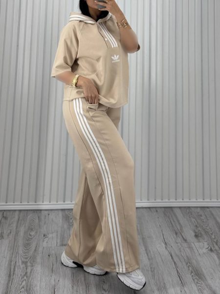 ست تیشرت شلوار بگ کلاهدار Adidas کرم