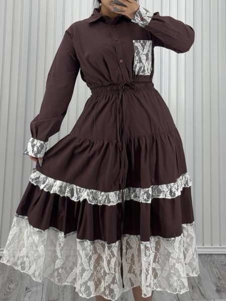 ست شومیز دامن گیپور دانتل قهوه‌ای