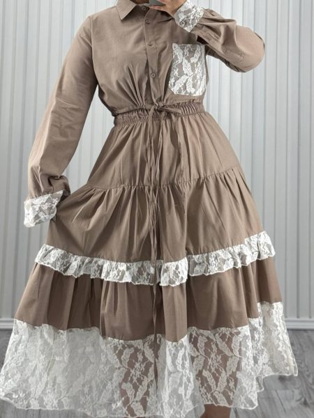 ست شومیز دامن گیپور دانتل نخودی