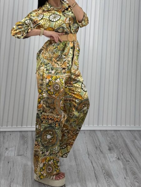 ست شومیز شلوار ساتن طرح دار سبز پسته‌ای