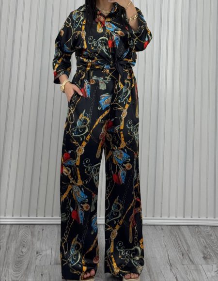 ست شومیز شلوار ساتن طرح دار مشکی