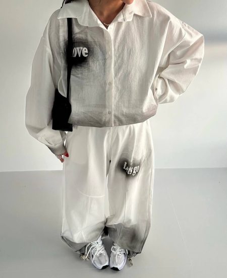 ست شومیز و شلوار آبرنگی love سفید طوسی