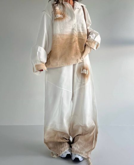 ست شومیز و شلوار آبرنگی love سفید کرم