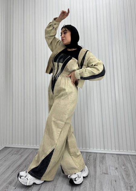 ست کت دکلته جین تیکه کاری کرم