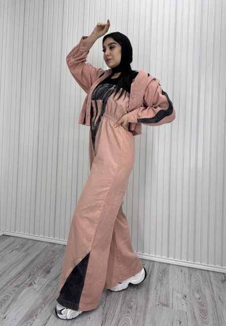 ست کت دکلته جین تیکه کاری گلبهی