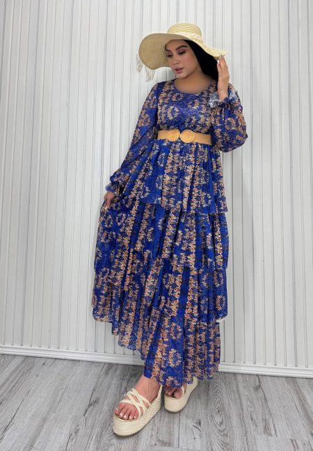 پیراهن طبقه ای آبی گل کرم