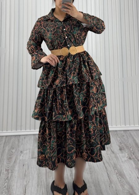 پیراهن طبقه ای حریر بوگاتی سبز گلبرگ زرد