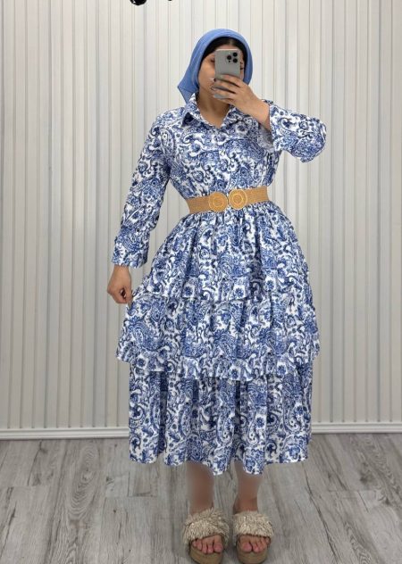 پیراهن طبقه ای حریر بوگاتی سفید ترمه آبی