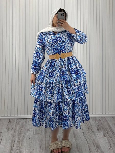 پیراهن طبقه ای حریر بوگاتی سفید طاووس آبی