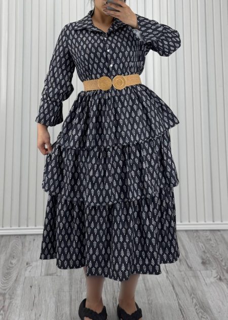 پیراهن طبقه ای حریر بوگاتی مشکی برگ سفید