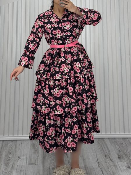 پیراهن طبقه ای حریر بوگاتی مشکی گل سرخ