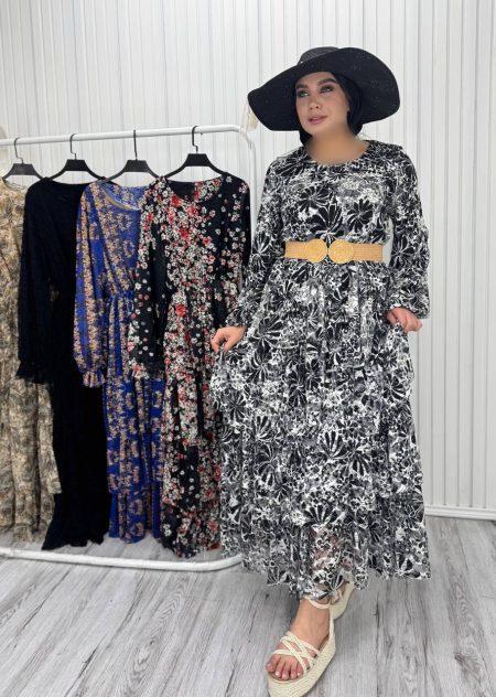 پیراهن طبقه ای طوسی مشکی طرح گل