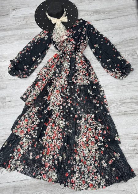 پیراهن طبقه ای مشکی گل سرخ و سفید