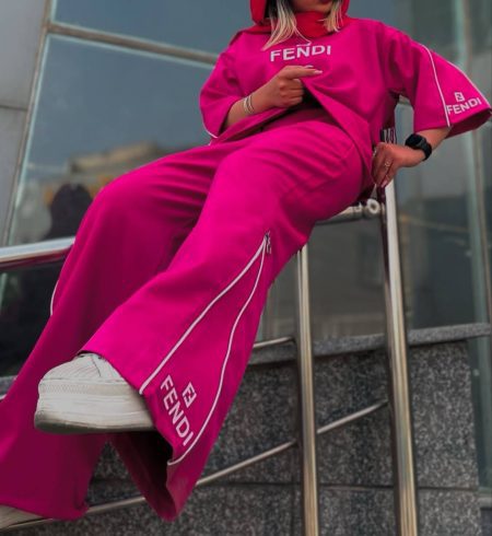 ست تی شرت شلوار فندی سرخابی (2)