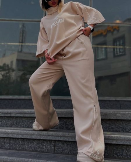 ست تی شرت شلوار فندی کرم